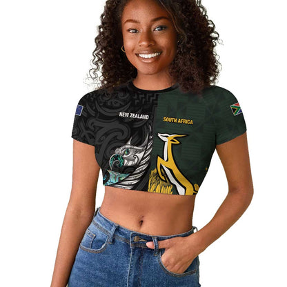 New Zealand vs South Africa Rugby Custom Raglan Cropped T shirt Maori - African Pattern