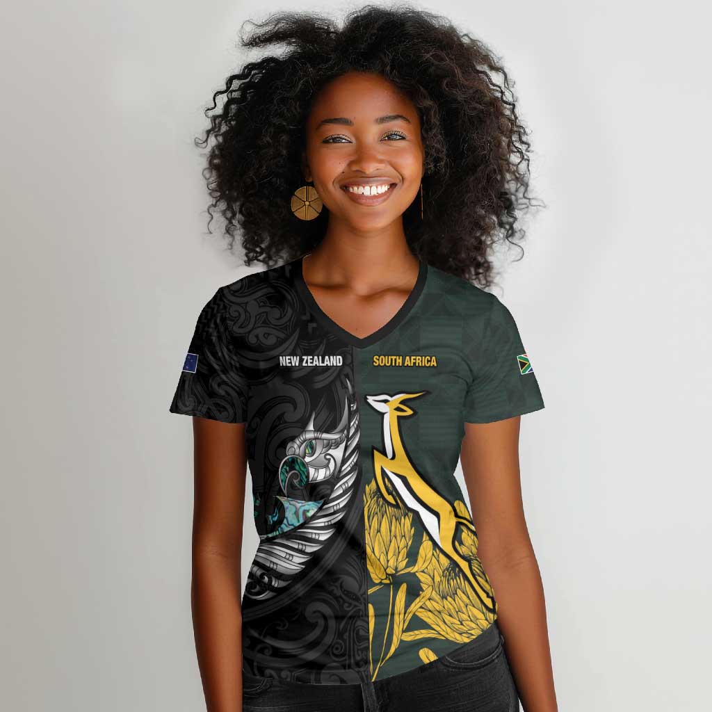 New Zealand vs South Africa Rugby Custom Women V-Neck T-Shirt Maori - African Pattern