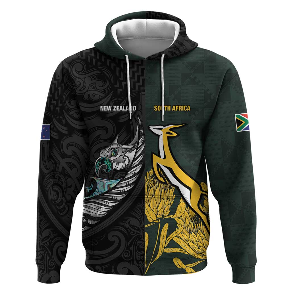 New Zealand vs South Africa Rugby Custom Zip Hoodie Maori - African Pattern