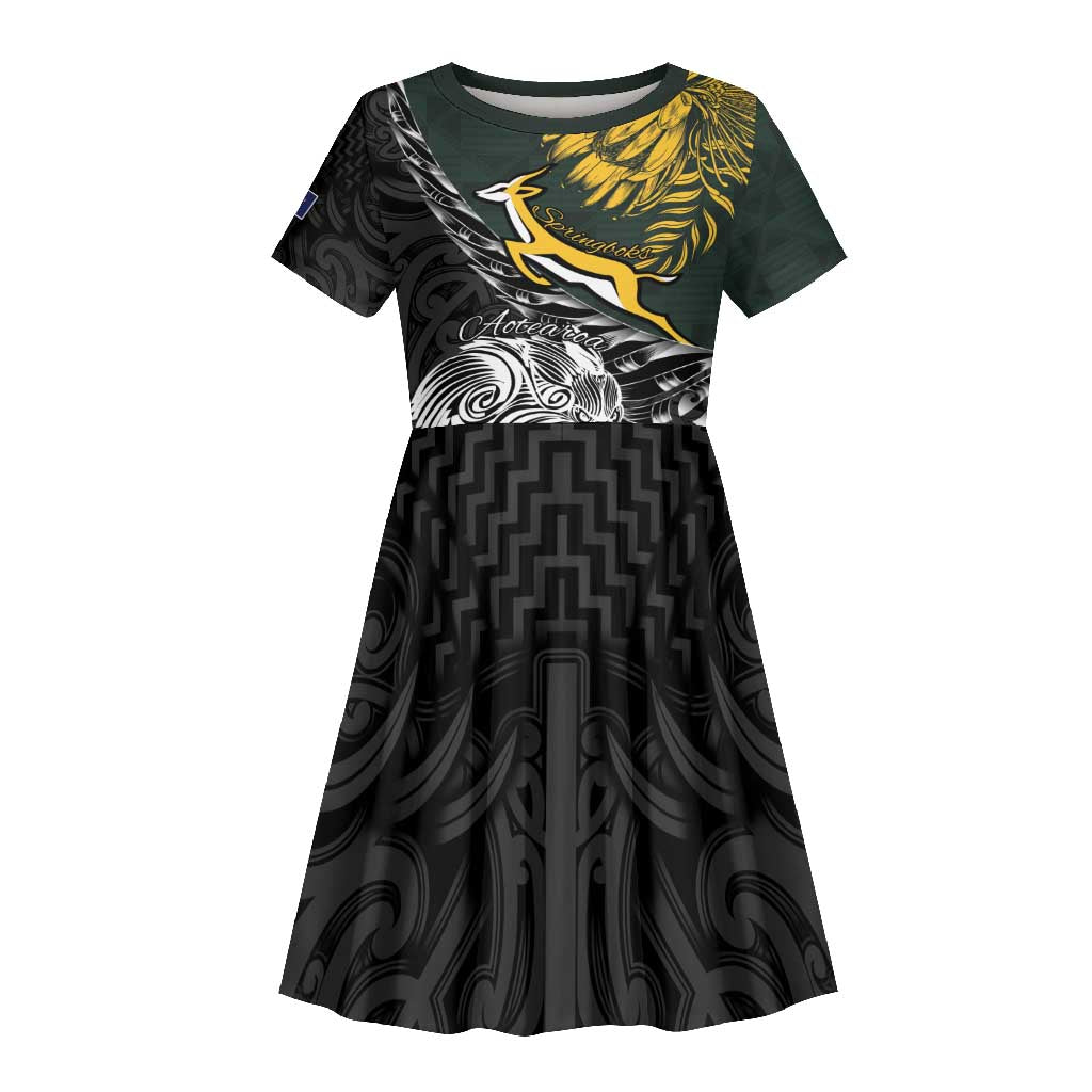 New Zealand vs South Africa Rugby Personalised Kid Short Sleeve Dress Maori Kiwi With Springboks