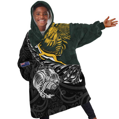 New Zealand vs South Africa Rugby Personalised Kid Wearable Blanket Hoodie Maori Kiwi With Springboks