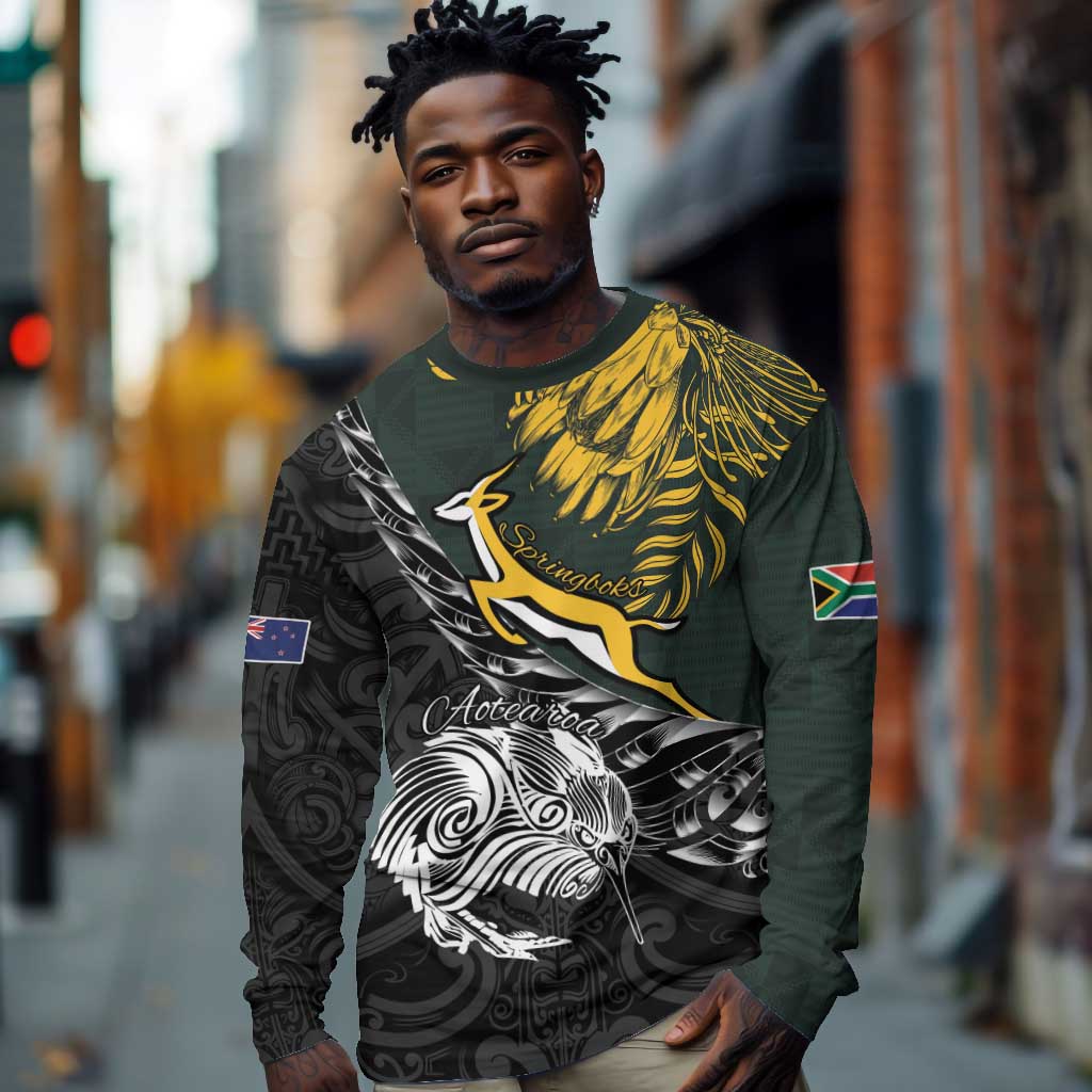 New Zealand vs South Africa Rugby Personalised Long Sleeve Shirt Maori Kiwi With Springboks