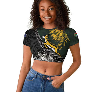 New Zealand vs South Africa Rugby Personalised Raglan Cropped T shirt Maori Kiwi With Springboks