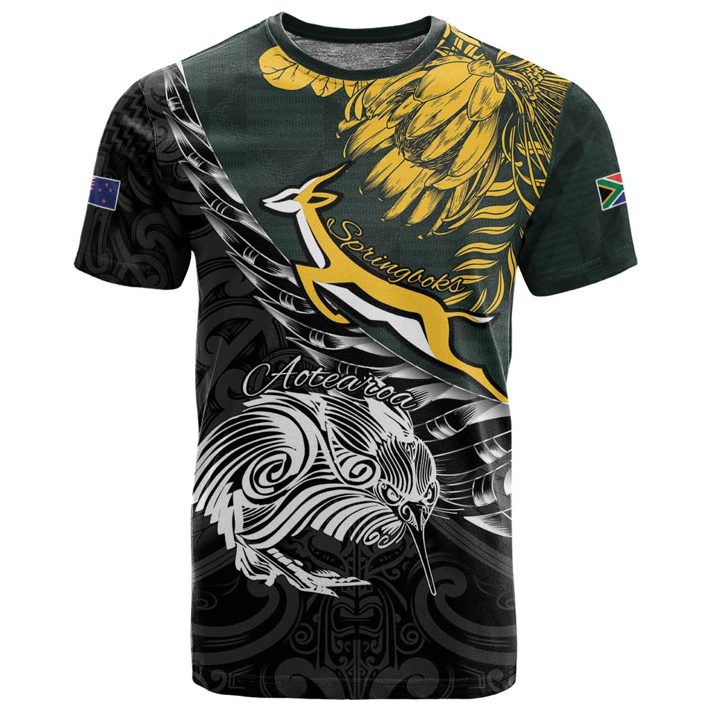 New Zealand vs South Africa Rugby Personalised T shirt Maori Kiwi With Springboks