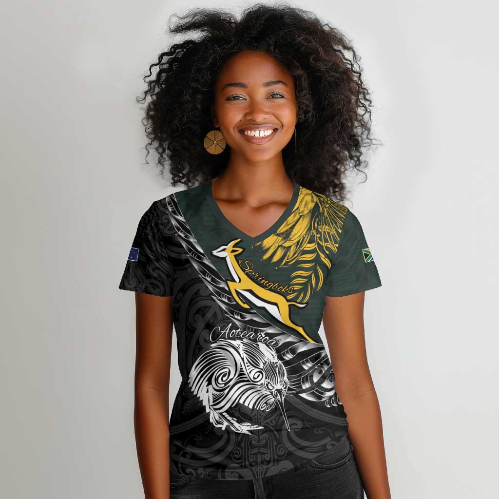 New Zealand vs South Africa Rugby Personalised Women V-Neck T-Shirt Maori Kiwi With Springboks
