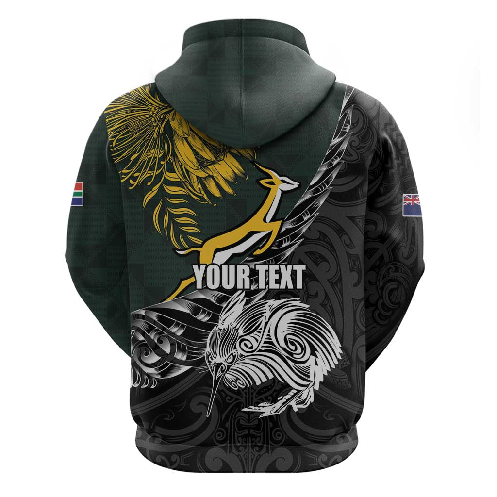 New Zealand vs South Africa Rugby Personalised Zip Hoodie Maori Kiwi With Springboks