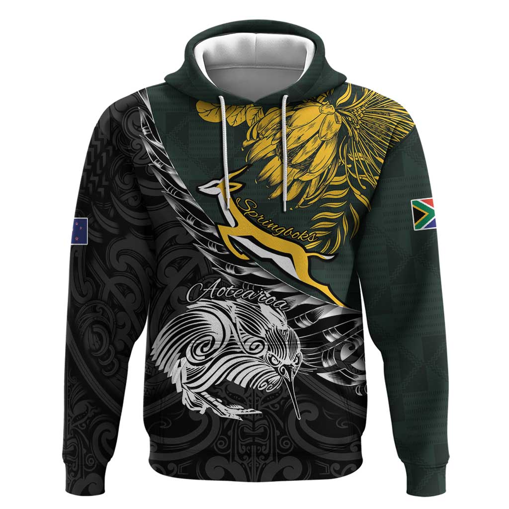 New Zealand vs South Africa Rugby Personalised Zip Hoodie Maori Kiwi With Springboks
