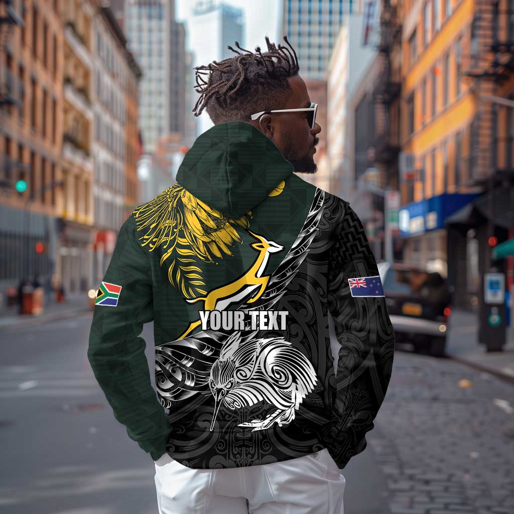 New Zealand vs South Africa Rugby Personalised Zip Hoodie Maori Kiwi With Springboks