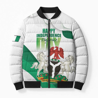 Personalized Nigeria Independence Day Bomber Puffer Jacket Unity and Faith Peace and Progress