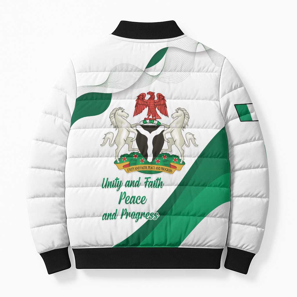 Personalized Nigeria Independence Day Bomber Puffer Jacket Unity and Faith Peace and Progress
