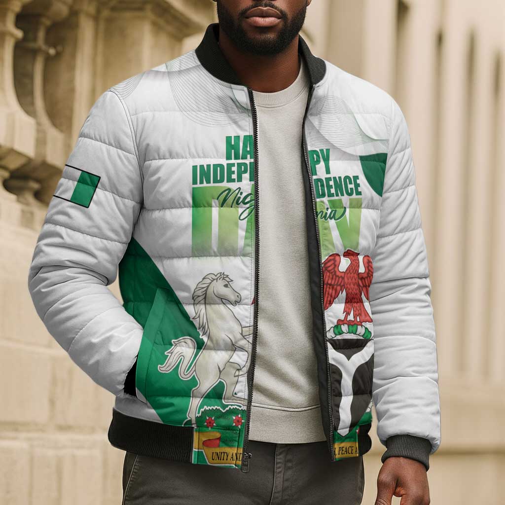 Personalized Nigeria Independence Day Bomber Puffer Jacket Unity and Faith Peace and Progress