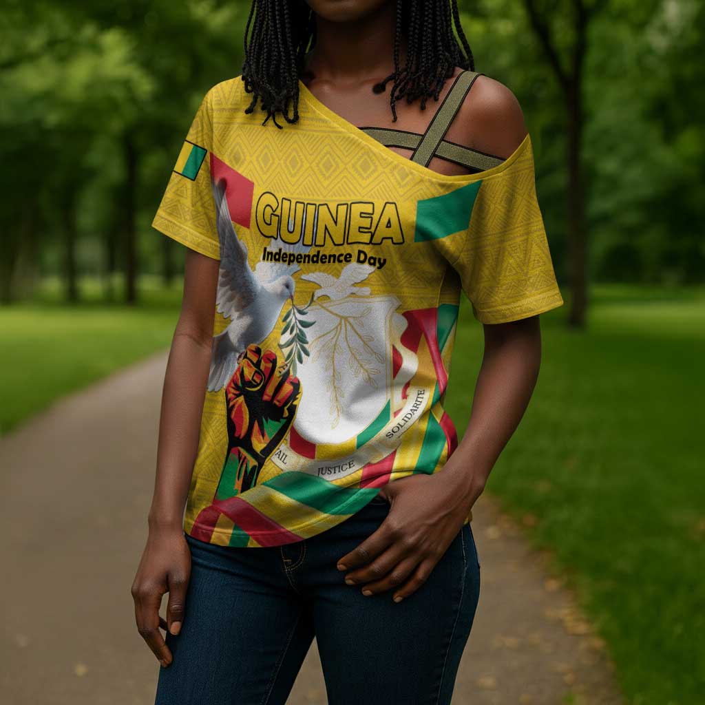 Personalized Guinea Independence Day Cross Shoulder Shirt Coat Of Arms With African Pattern