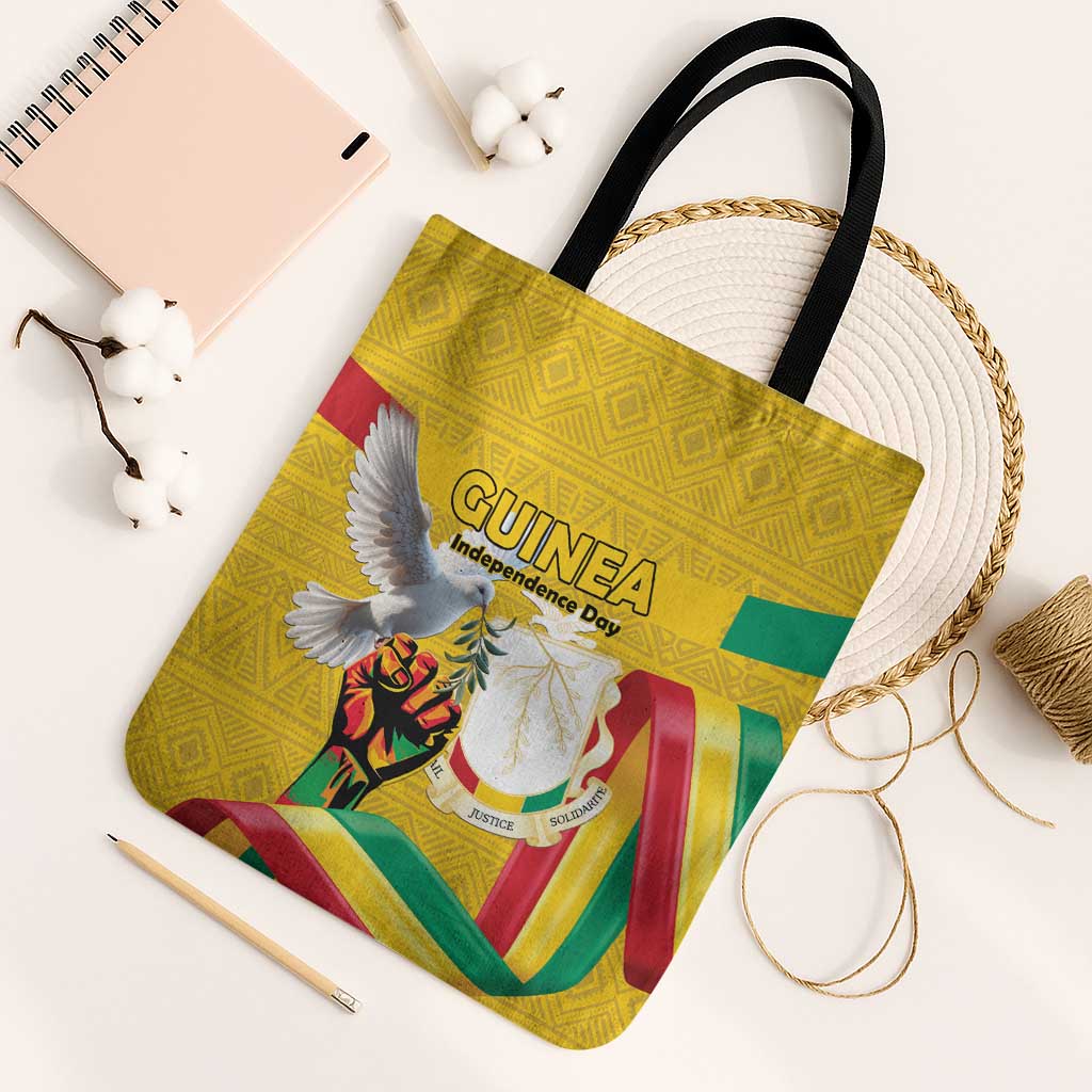 Guinea Independence Day Tote Bag Coat Of Arms With African Pattern