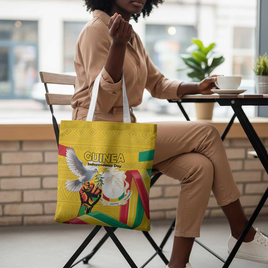 Guinea Independence Day Tote Bag Coat Of Arms With African Pattern