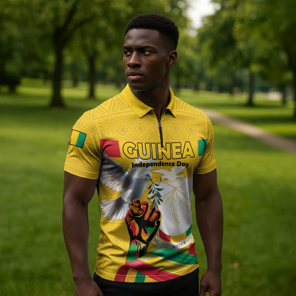 Personalized Guinea Independence Day Zipper Polo Shirt Coat Of Arms With African Pattern