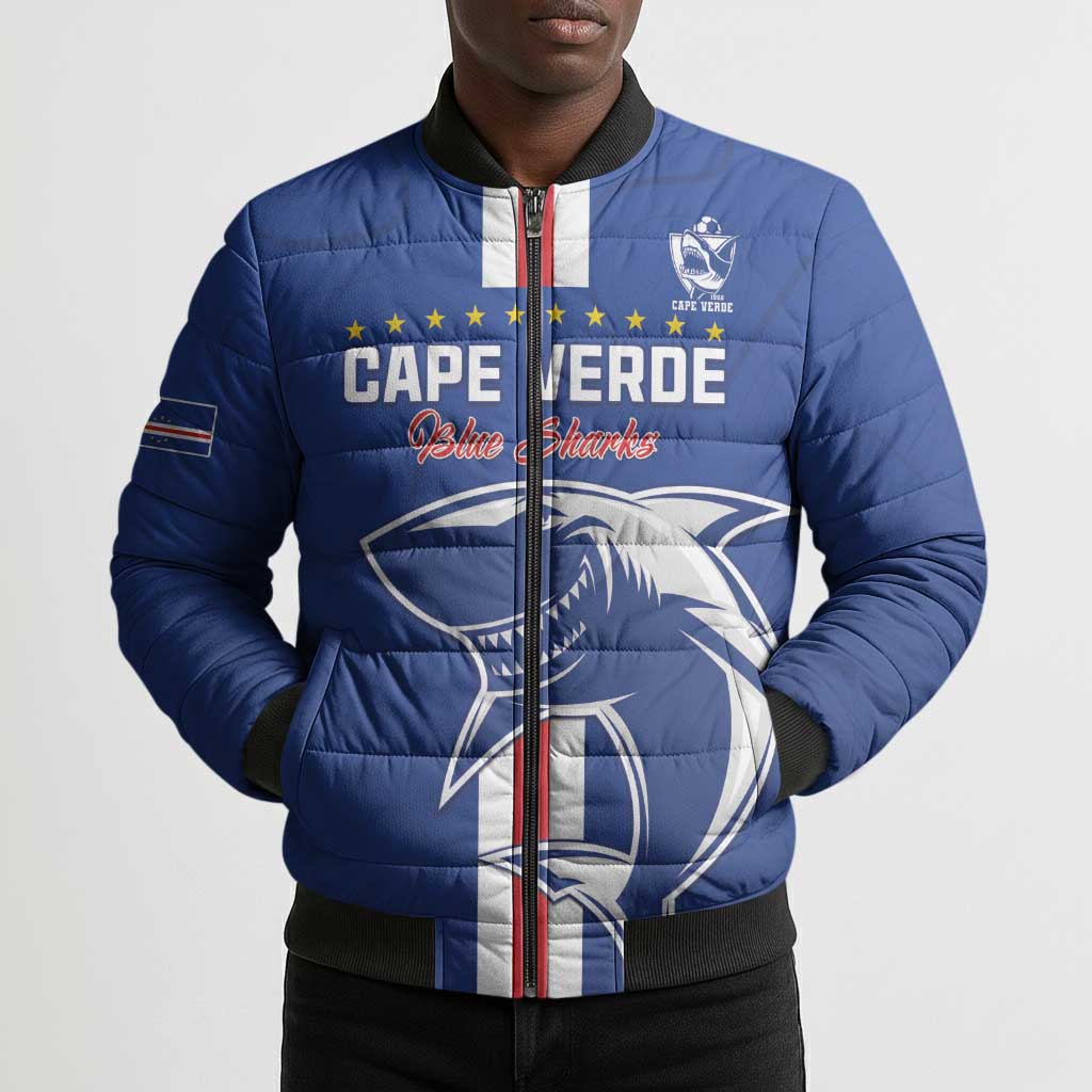 Custom Cape Verde Football Bomber Puffer Jacket Go Champions Blue Sharks