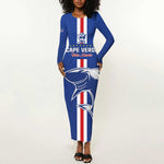 Custom Cape Verde Football Long Sleeve Bodycon Dress Go Champions Tubaroes Azuis - African Pride