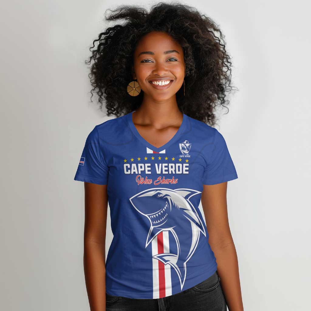 Custom Cape Verde Football Women V-Neck T-Shirt Go Champions Tubaroes Azuis - African Pride