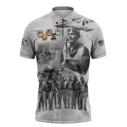 Red Tails Aviators Zipper Polo Shirt WWII Heroes Tribute Retro Style