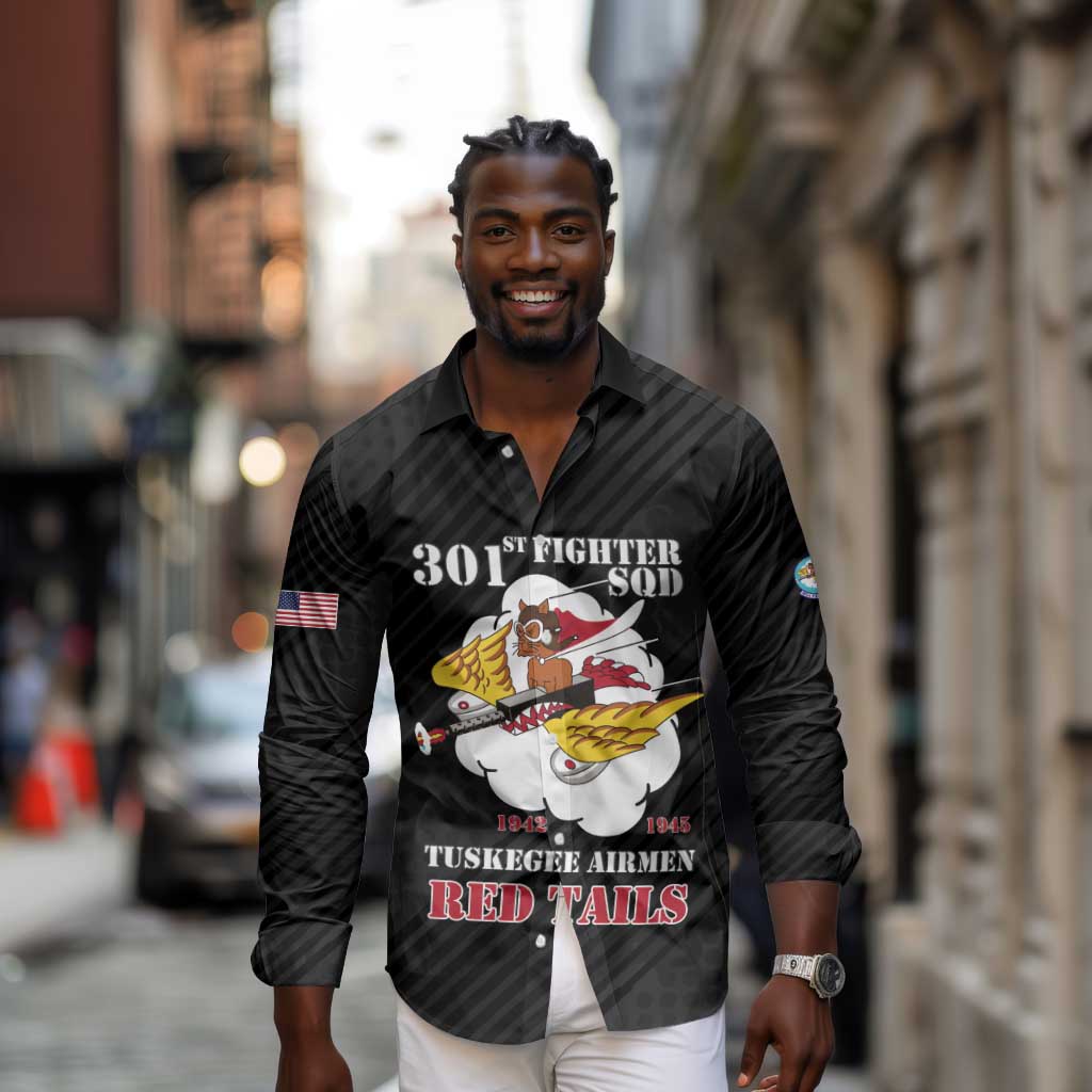 Personalized 301st Fighter Squadron WWII Long Sleeve Button Shirt Red Tails Heritage - Black - African Pride