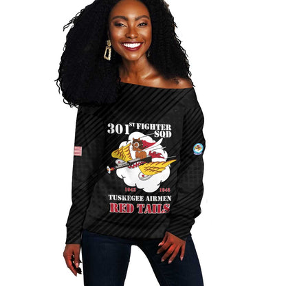Personalized 301st Fighter Squadron WWII Off Shoulder Sweater Red Tails Heritage - Black - African Pride