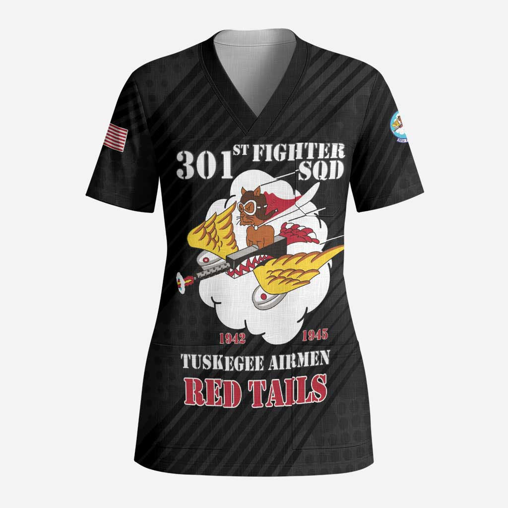 Personalized 301st Fighter Squadron WWII Scrub Top Red Tails Heritage - Black - African Pride