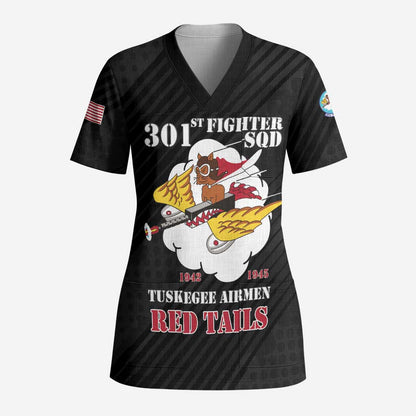 Personalized 301st Fighter Squadron WWII Scrub Top Red Tails Heritage - Black - African Pride
