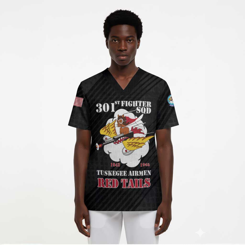 Personalized 301st Fighter Squadron WWII Scrub Top Red Tails Heritage - Black - African Pride