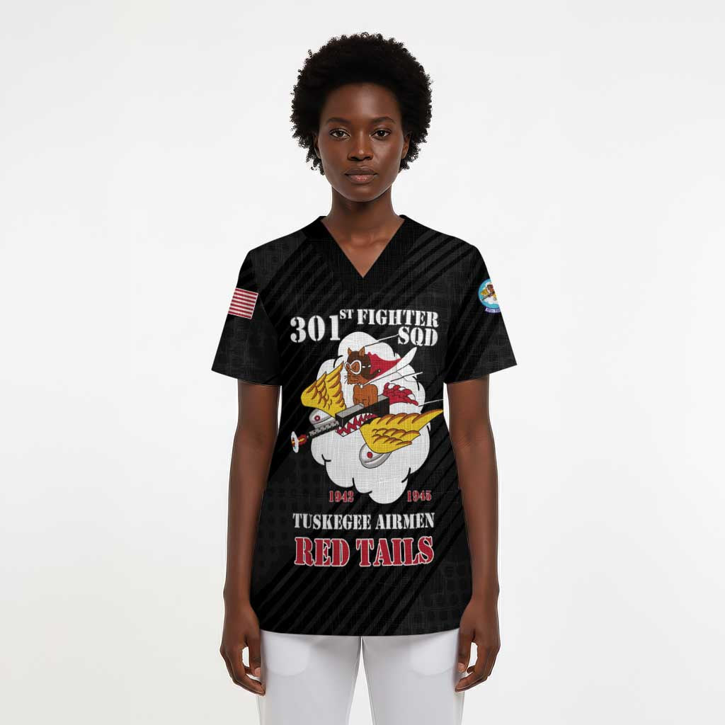 Personalized 301st Fighter Squadron WWII Scrub Top Red Tails Heritage - Black - African Pride