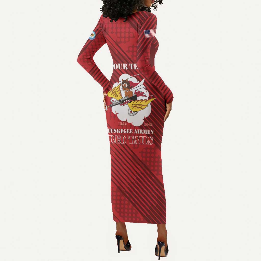 Personalized 301st Fighter Squadron WWII Long Sleeve Bodycon Dress Red Tails Heritage - Red - African Pride
