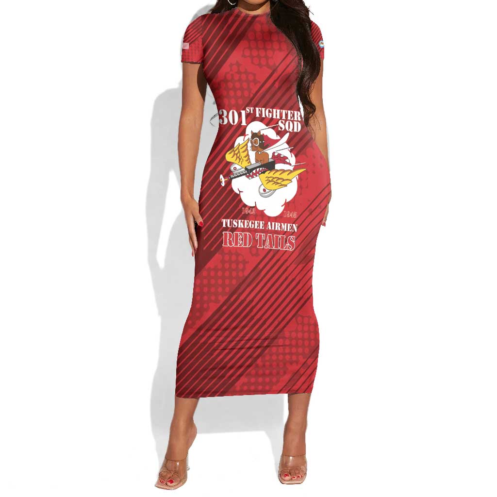 Personalized 301st Fighter Squadron WWII Short Sleeve Bodycon Dress Red Tails Heritage - Red - African Pride