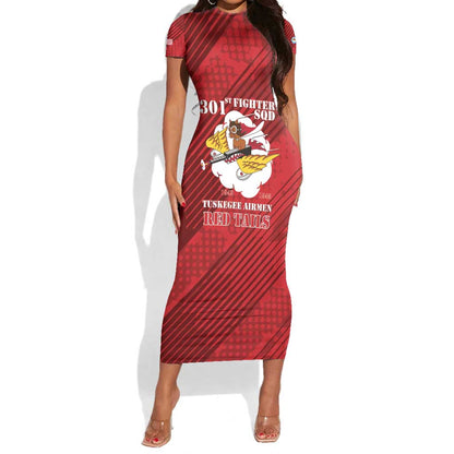 Personalized 301st Fighter Squadron WWII Short Sleeve Bodycon Dress Red Tails Heritage - Red - African Pride