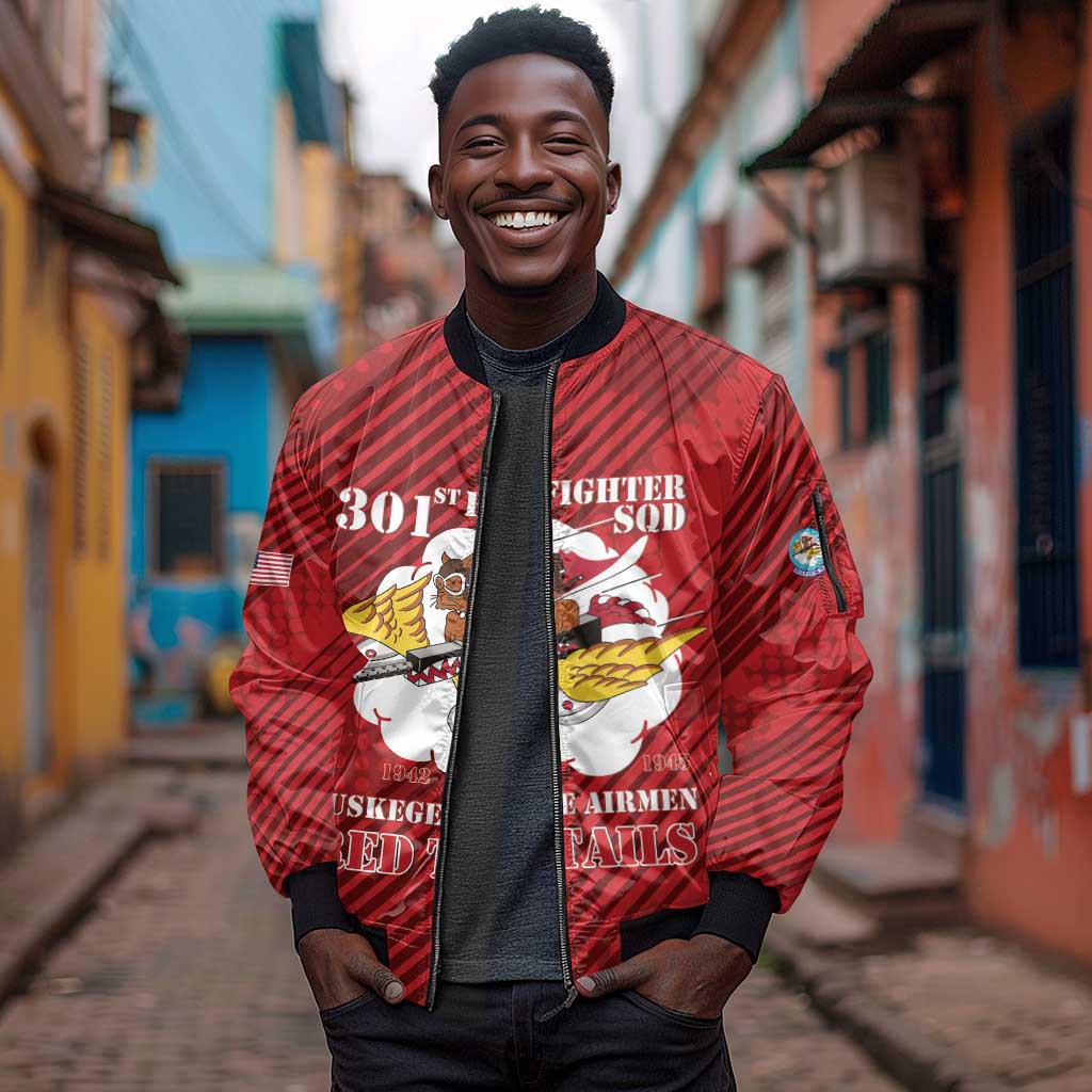 Personalized 301st Fighter Squadron WWII Sleeve Zip Bomber Jacket Red Tails Heritage - Red - African Pride