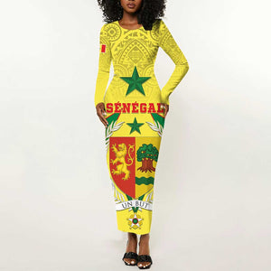 Personalised Afro Senegal Long Sleeve Bodycon Dress Coat Of Arms Mix African Pattern