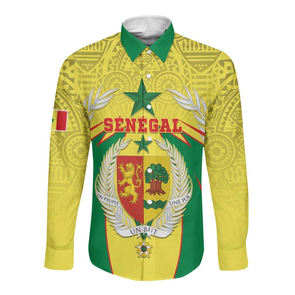 Personalised Afro Senegal Long Sleeve Button Shirt Coat Of Arms Mix African Pattern