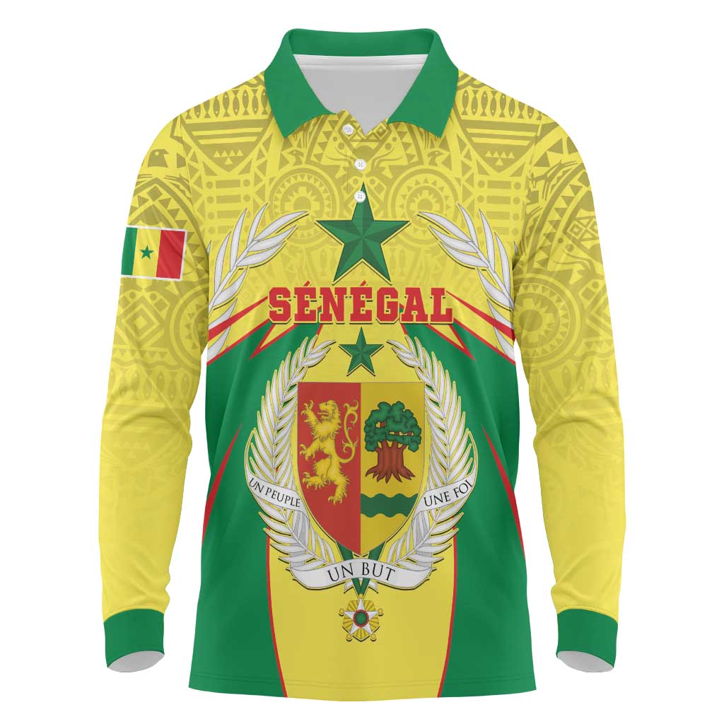 Personalised Afro Senegal Long Sleeve Polo Shirt Coat Of Arms Mix African Pattern