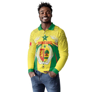 Personalised Afro Senegal Long Sleeve Polo Shirt Coat Of Arms Mix African Pattern