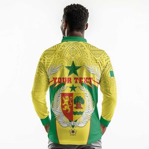 Personalised Afro Senegal Long Sleeve Polo Shirt Coat Of Arms Mix African Pattern