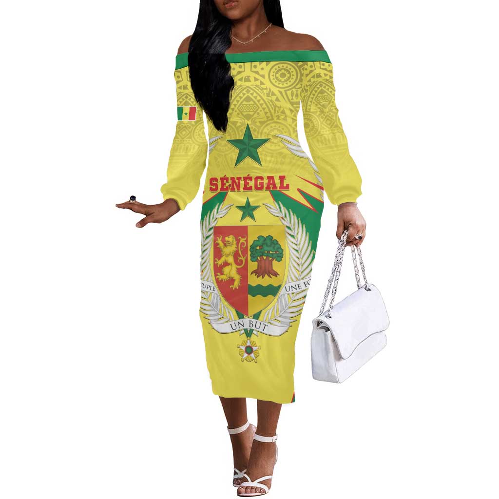 Personalised Afro Senegal Off The Shoulder Long Sleeve Dress Coat Of Arms Mix African Pattern