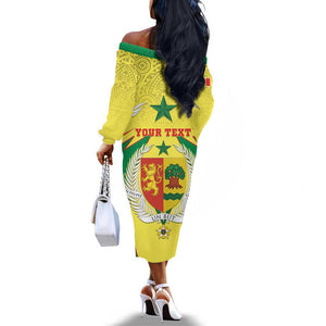 Personalised Afro Senegal Off The Shoulder Long Sleeve Dress Coat Of Arms Mix African Pattern