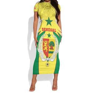 Personalised Afro Senegal Short Sleeve Bodycon Dress Coat Of Arms Mix African Pattern