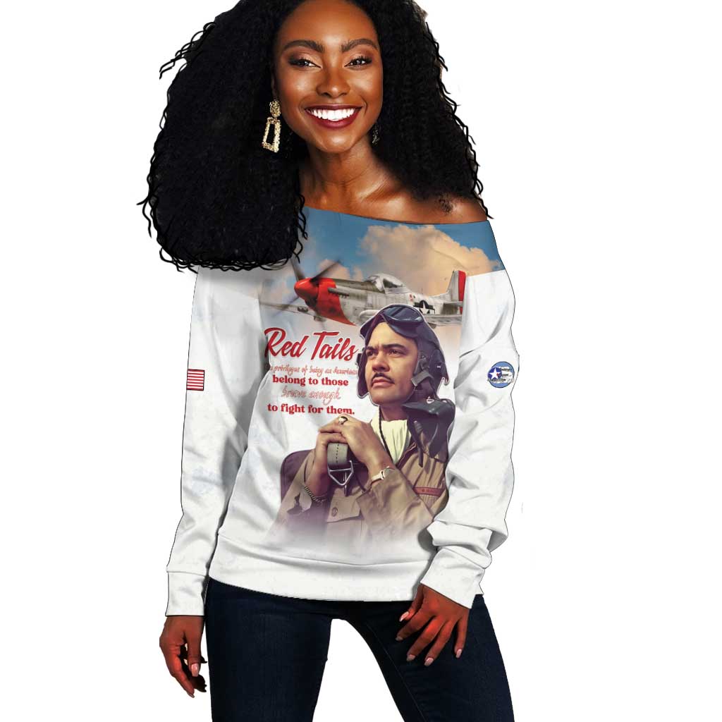 Sky Leaders of WWII Off Shoulder Sweater Red Tails Tuskegee Tribute - African Pride