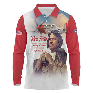 Sky Leaders of WWII Long Sleeve Polo Shirt Red Tails Tuskegee Tribute - Red - African Pride