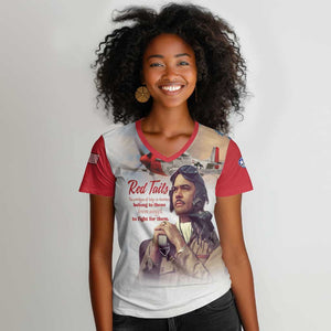 Sky Leaders of WWII Women V-Neck T-Shirt Red Tails Tuskegee Tribute - Red LT15