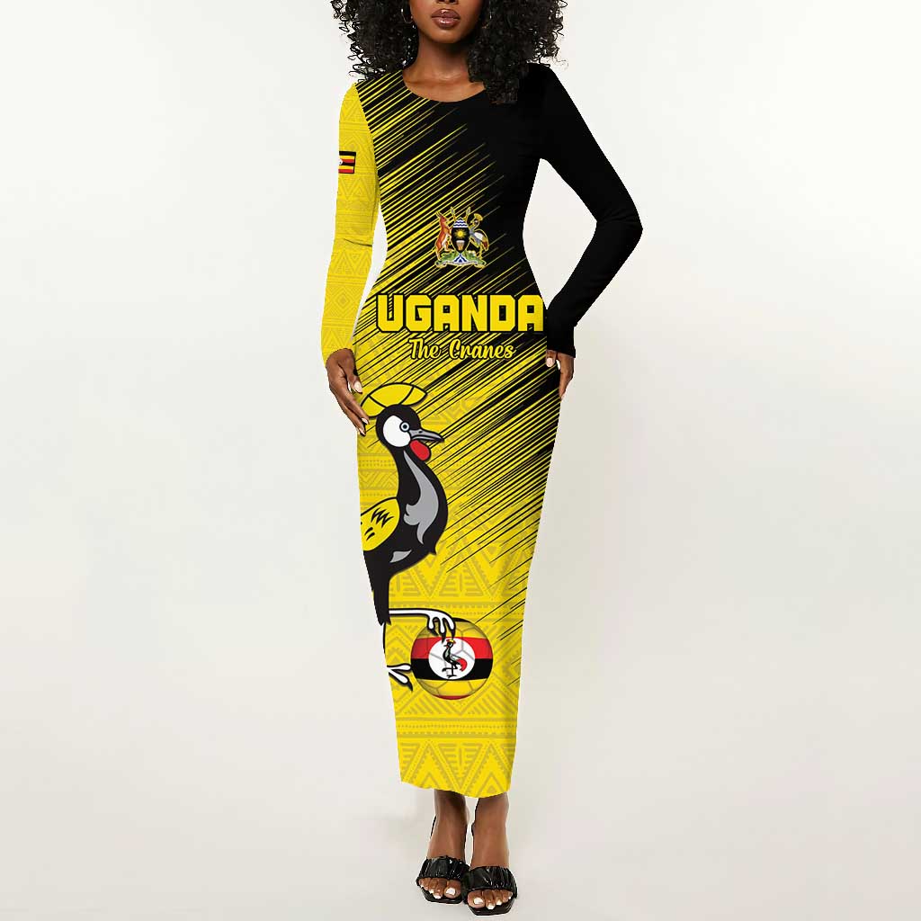 Uganda Football Custom Long Sleeve Bodycon Dress African Pattern Mix Grunge Style - Yellow Color