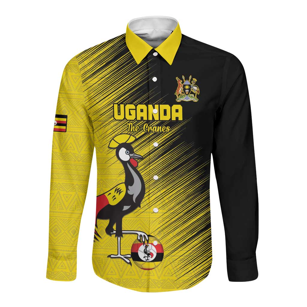 Uganda Football Custom Long Sleeve Button Shirt African Pattern Mix Grunge Style - Yellow Color