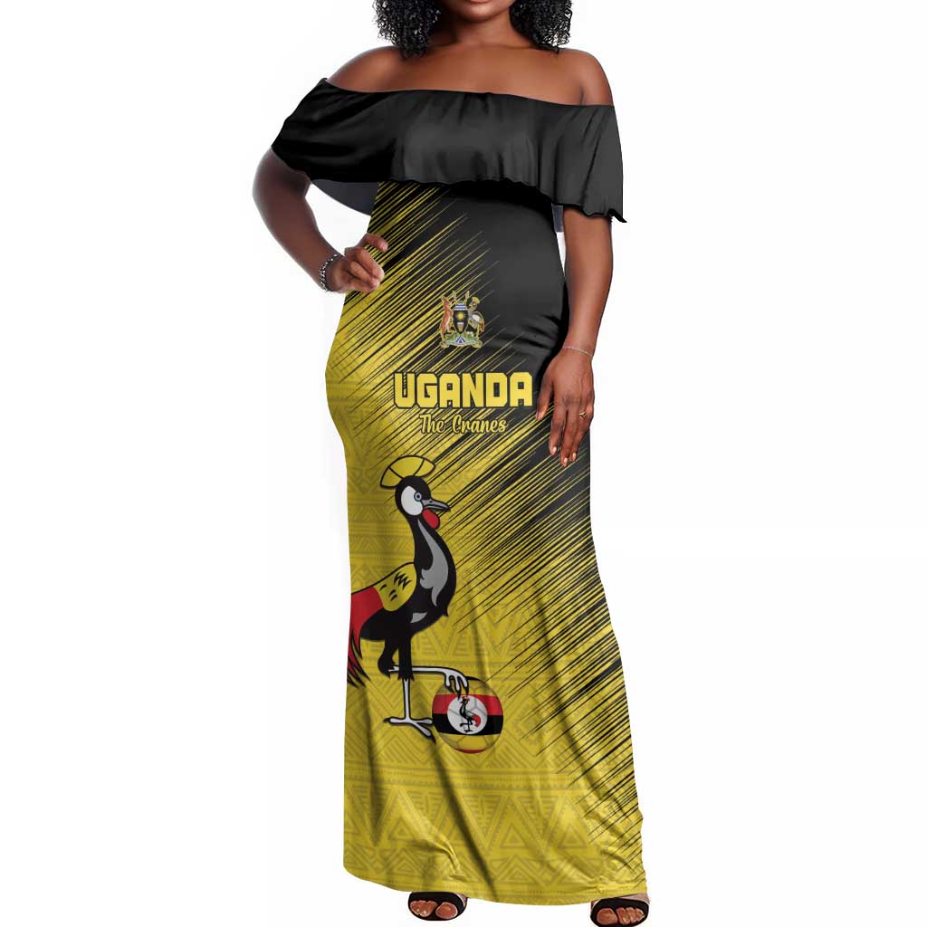 Uganda Football Custom Off Shoulder Maxi Dress African Pattern Mix Grunge Style - Yellow Color