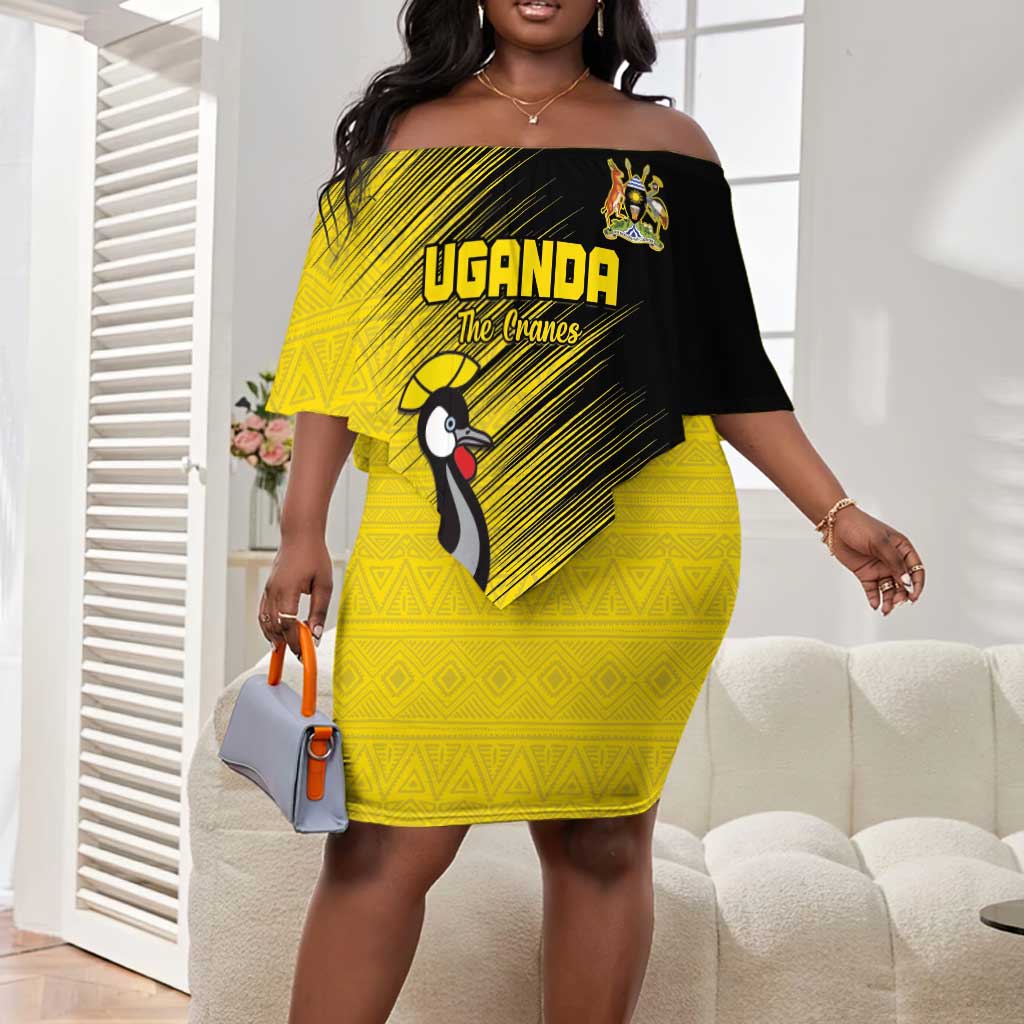 Uganda Football Custom Off Shoulder Short Dress African Pattern Mix Grunge Style - Yellow Color