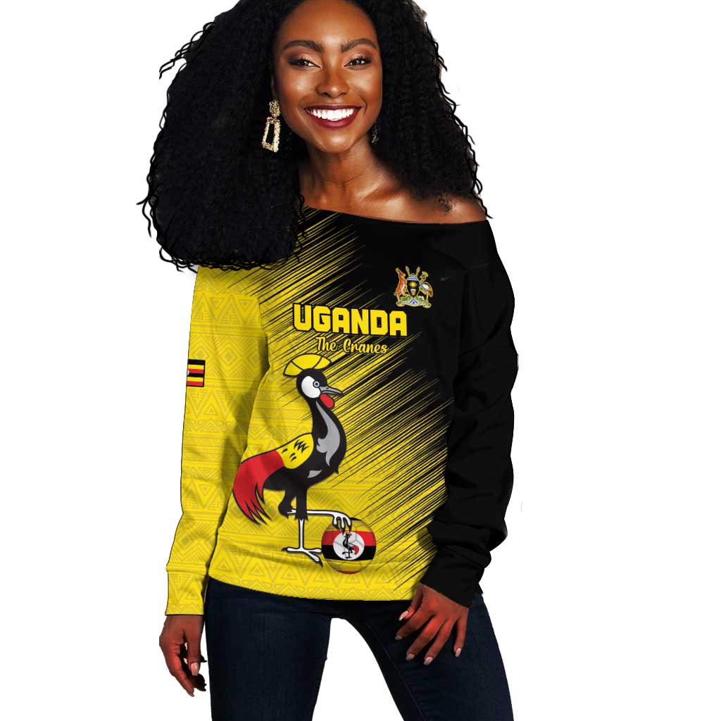 Uganda Football Custom Off Shoulder Sweater African Pattern Mix Grunge Style - Yellow Color