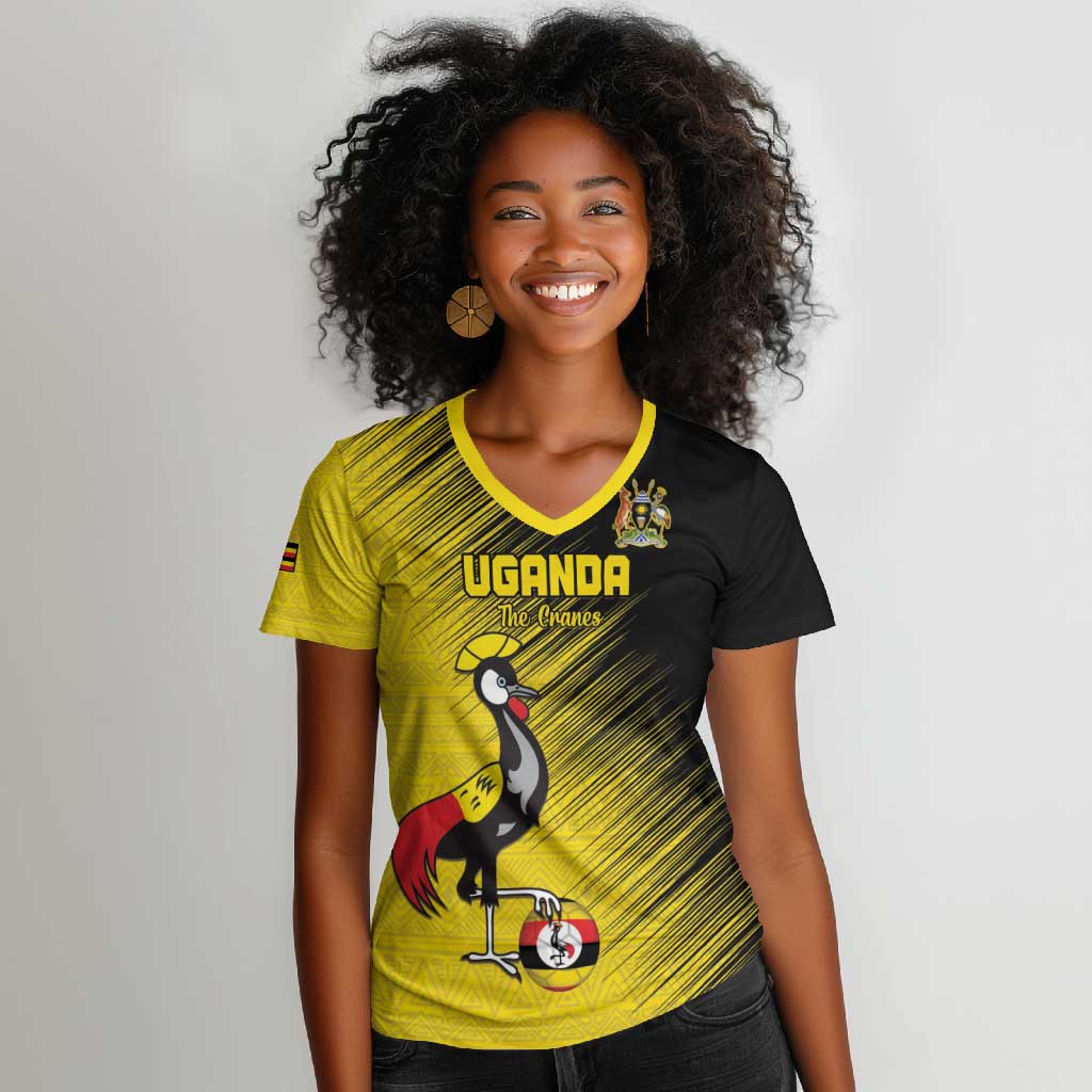 Uganda Football Custom Women V-Neck T-Shirt African Pattern Mix Grunge Style - Yellow Color